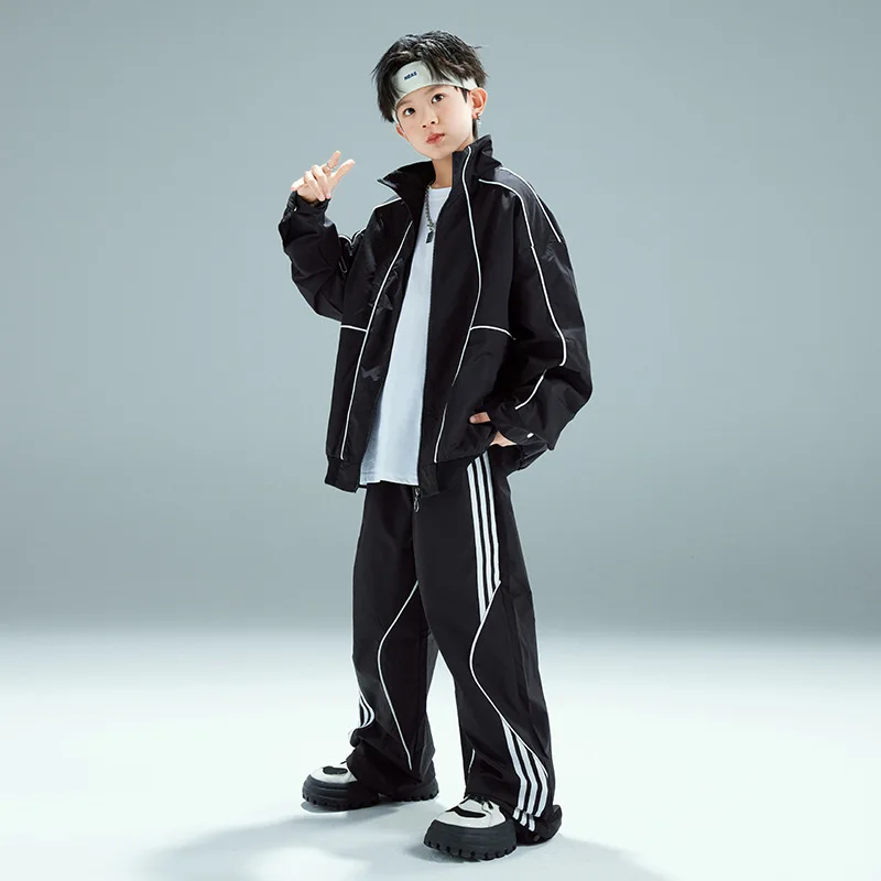 Boys Hip Hop Black Baseball Coat Street Dance Baggy Pants Girls Loose Jacket Kids Jazz Sport Clothes Sets Children Streetwear