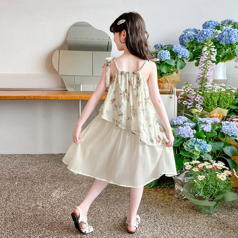 Summer Girls' Dress 2025 Summer New Style Children's Fragrant Princess Skirt Beach Vacation Strap Skirt Loose Set Skirt