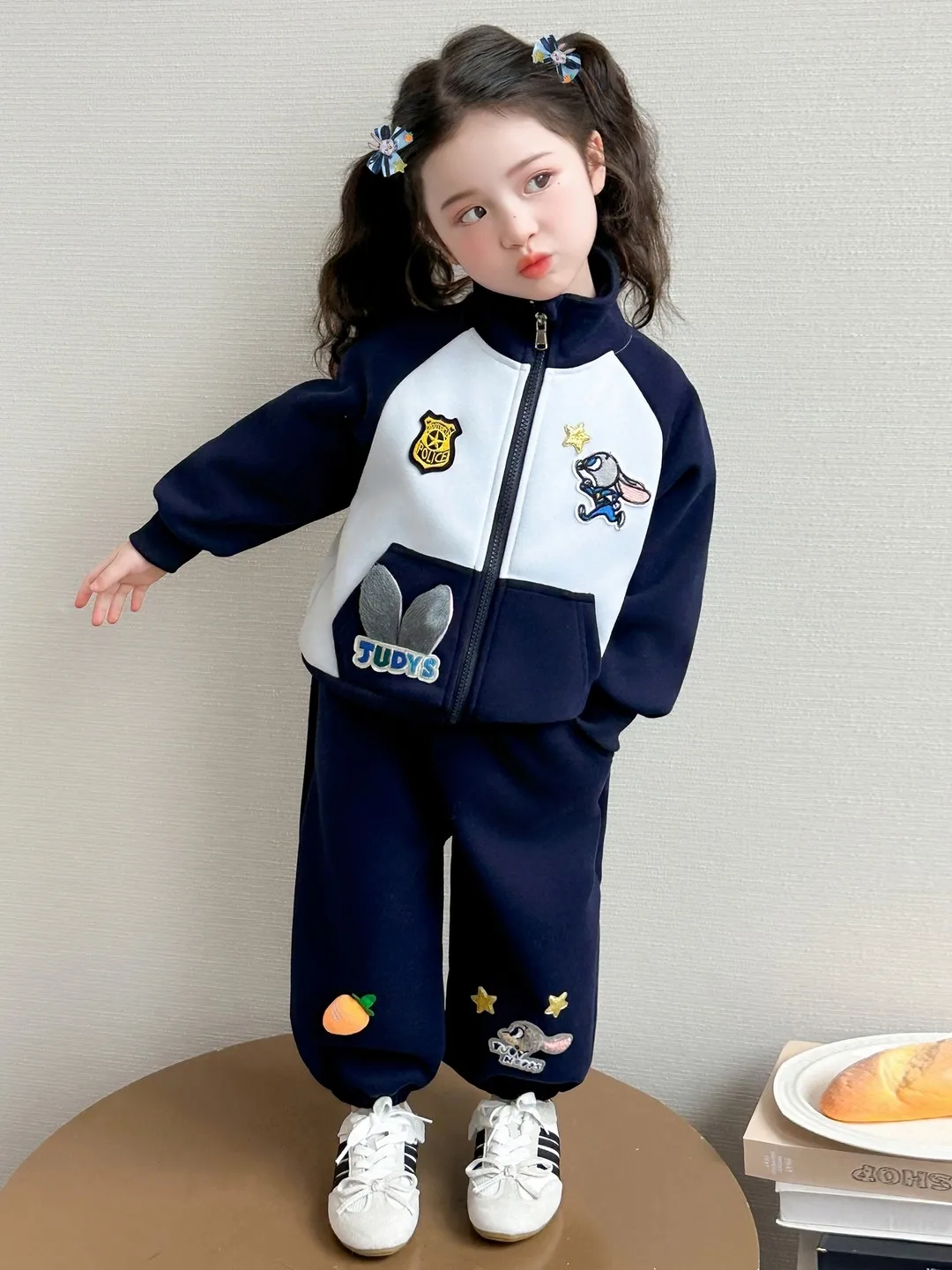 

Disney Girls' 2Pcs Set New Cartoon Pattern Color Blocket Zipper Coat Sweatpants Spring Autumn Korean Casual Sports Suits