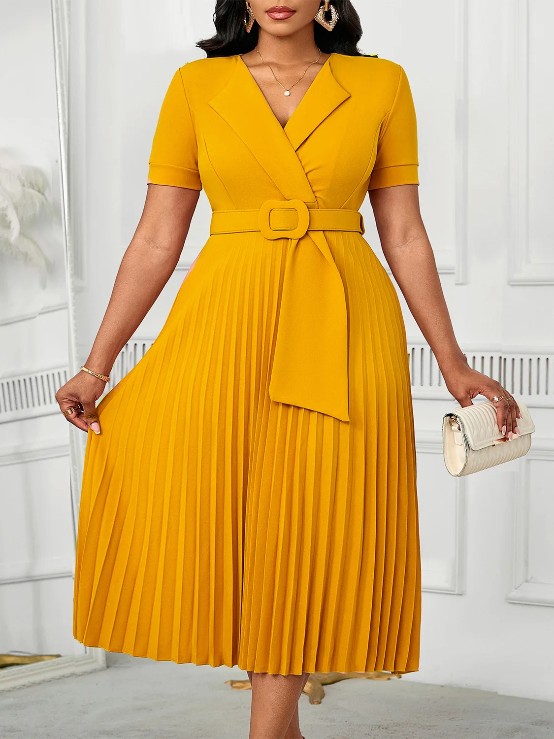 Women\'s plus Size Pleated Waist Dress Fall Commuter Fashion Suit Collar New Arrival