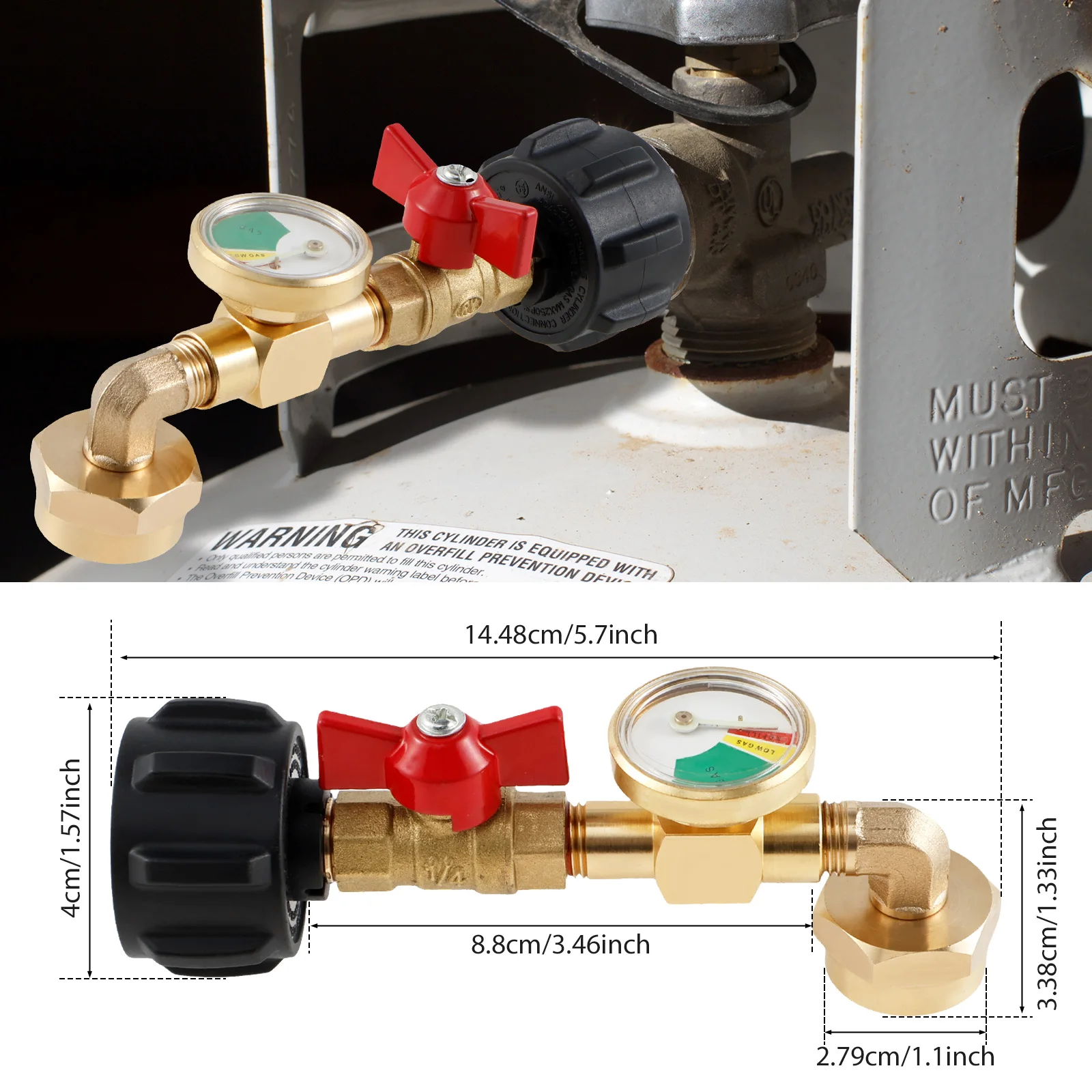 Propane Refill Adapter Solid Brass 90 Degree QCC1 Propane Tank Refill Adapter with Luminous Pressure Gauge Ball Valve