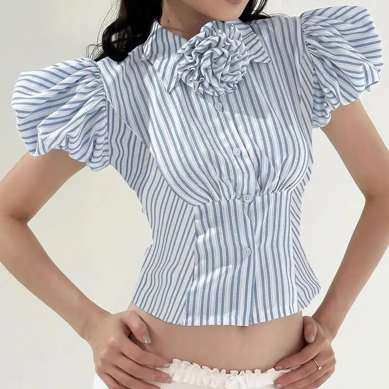 

American Style Stripe Shirt Puff Sleeve Crop Top Women Edgy Streetwear Blouse