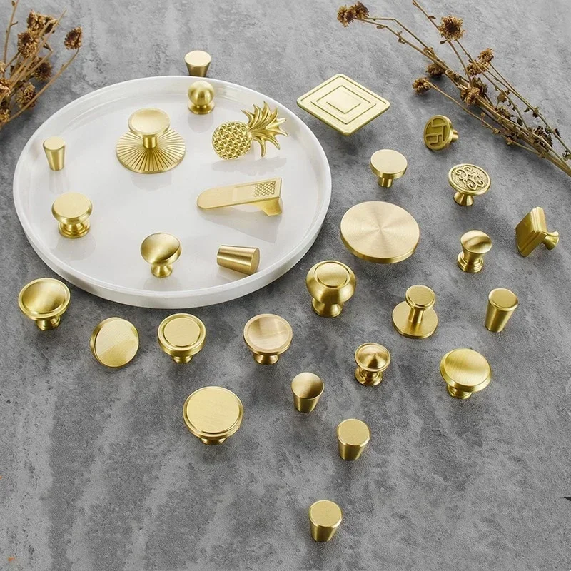 Gold Solid Brass Pure Copper Cabinet Single Hole Handles Closet Wardrobes Drawer Pulls Kitchen Pulls Furniture Handle Hardware