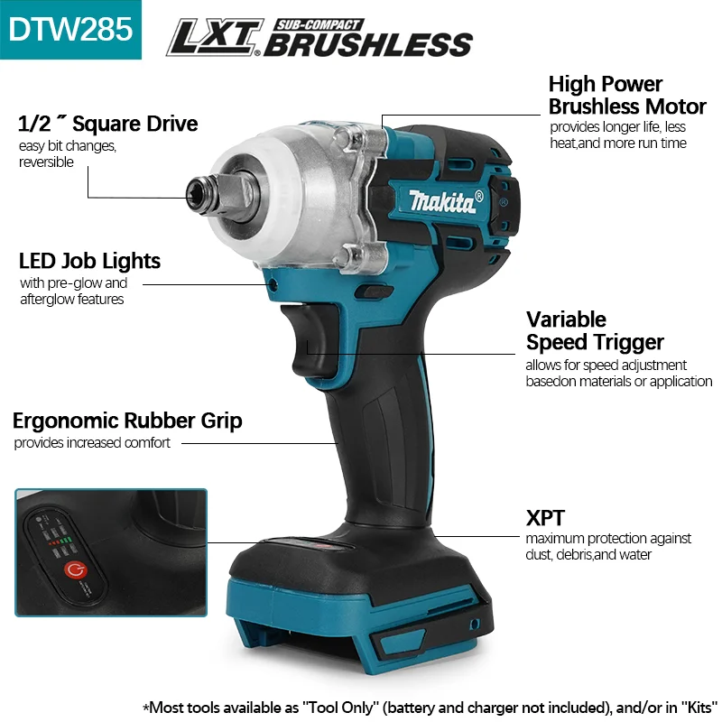 Makita DTW285 320N.M 임팩트 전기 렌치, 브러시리스 렌치, 무선 공구, 충전식 전동 공구, Makita 18V 배터리