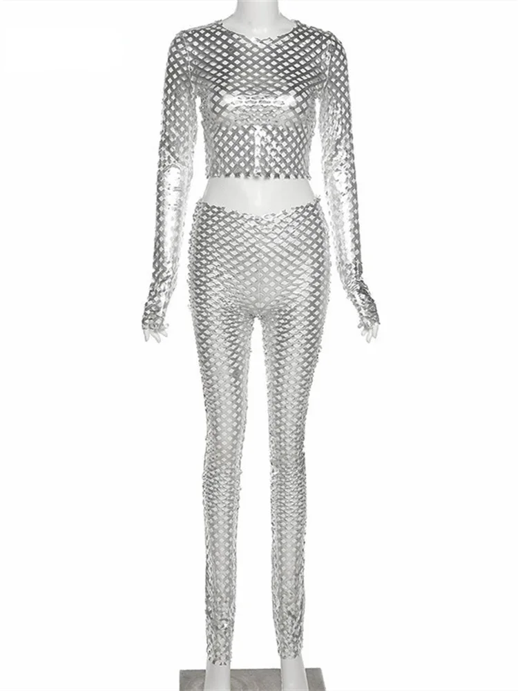 Ensemble de survêtement deux pièces sexy pour femme, streetwear évidé, simple, mince, argent commandé, nouveau, 2024