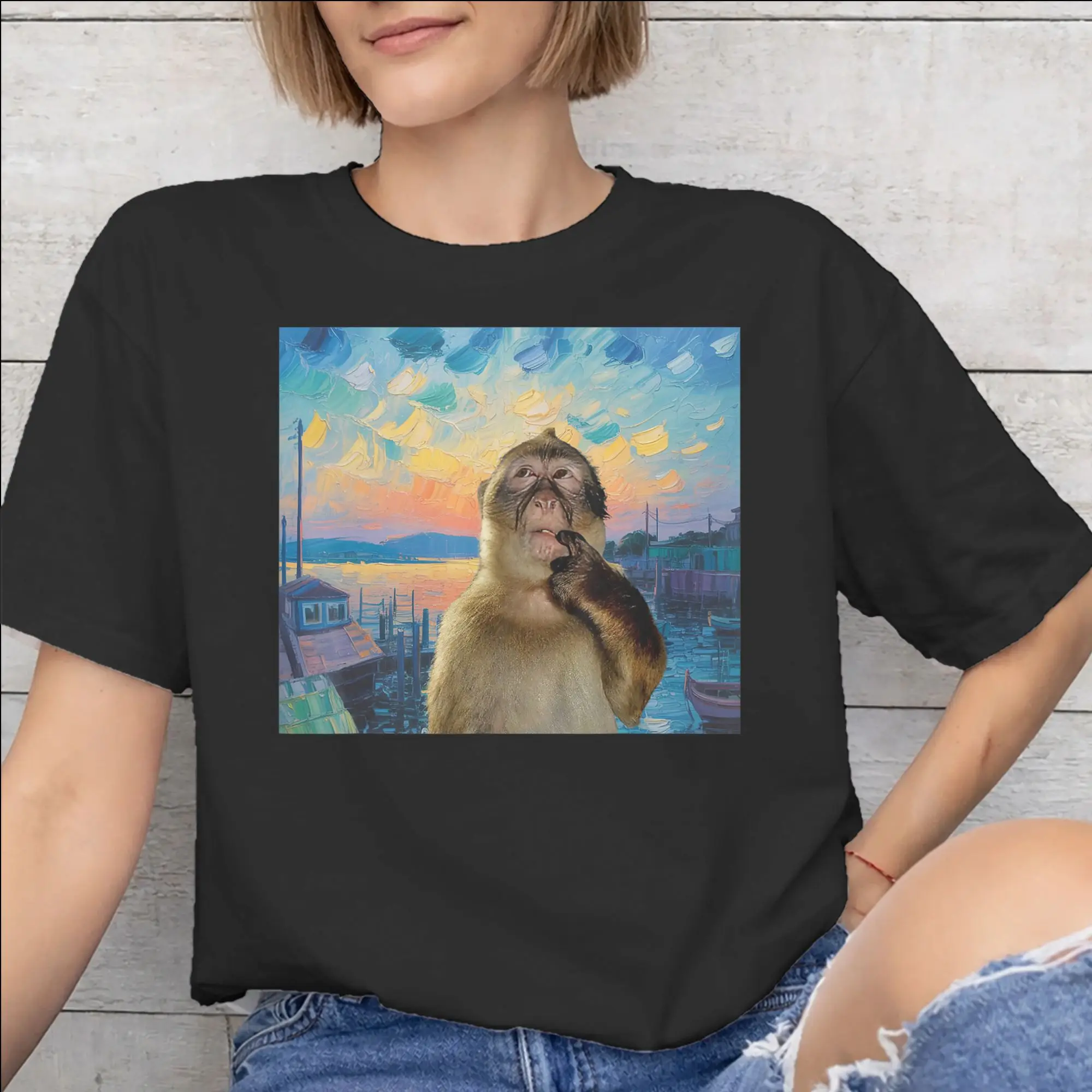 Thinking Monkey Meme  Apparel Unisex T Shirts Pure Cotton Tee Printed  T-shirt Clothing