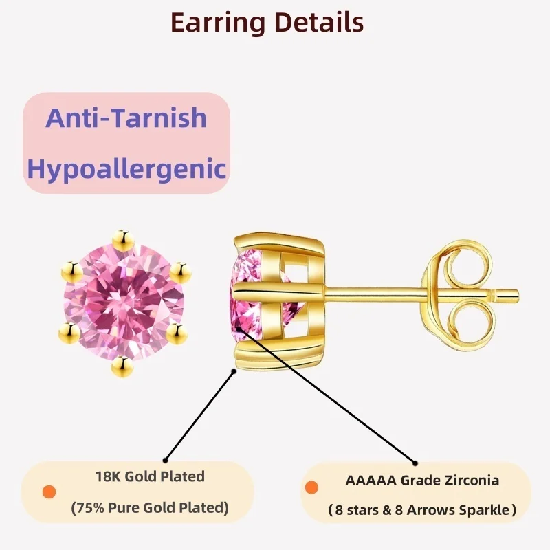 LAMVOICE Schmuck für Damen/Ohrstecker mit 0,6–4 Karat rosa Zirkonia, hypoallergene Ohrringe, Weihnachtsgeschenk für Damen