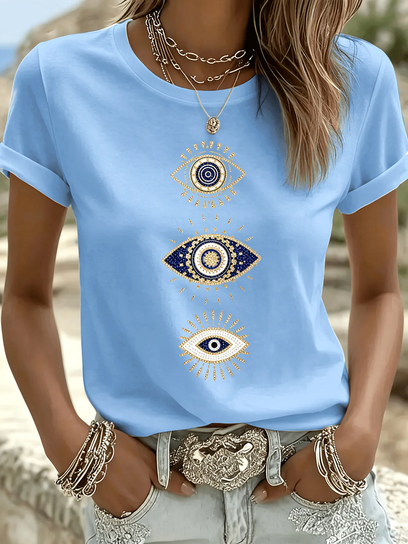 Bohemian Mysterious Eye Pattern Top Türkiye Eye Theme Round Neck Short Sleeve Blue Gold Color Pair Evil Eye Casual Daily T-shirt