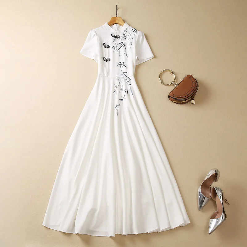 

European and American women's clothes 2023 spring new Short-sleeved stand-up collar staple disc buckle Bamboo Leaf Print Dress