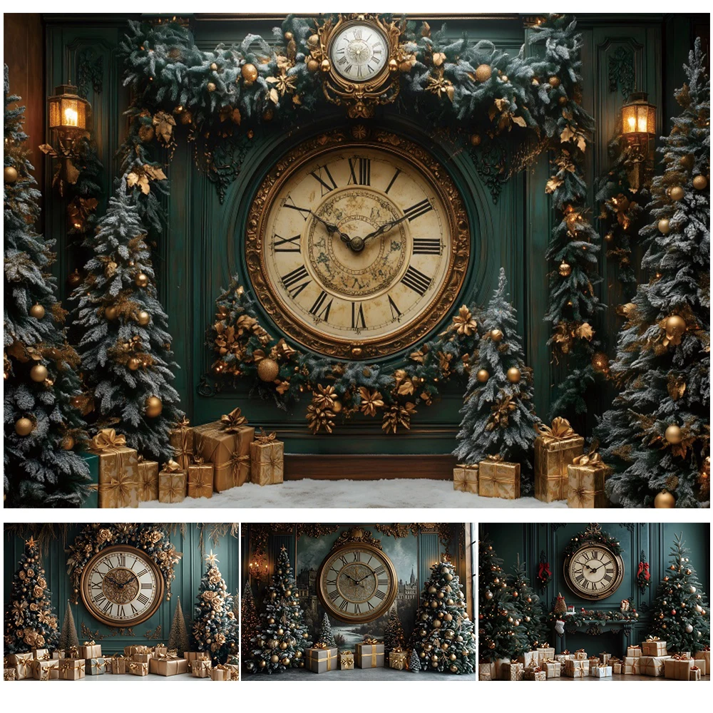 Winter Christmas Clock Photography Backdrop Christmas Tree Gift Indoor Green Palace Family Kids Portrait Background Photo Studio