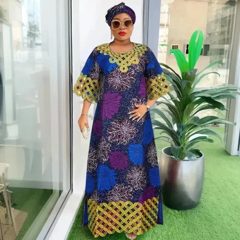 

2024 Plus Size African Party Evening Dresses for Women Autumn Half Sleeve Round Neck Maxi Gowns Outfits Dashiki Africa Clothing