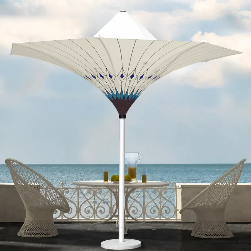 3.5m Outdoor Square Parasol with Central Column Lamp Creative Printed Lotus Umbrella for Commercial Square B&B Courtyard
