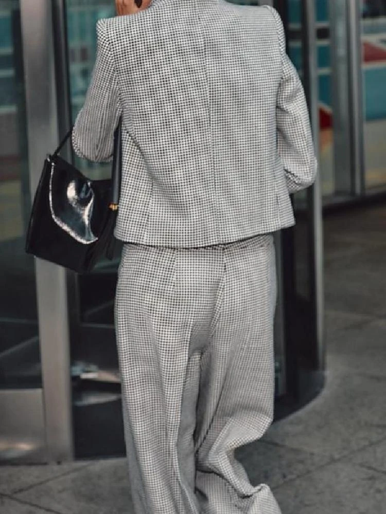 Ensemble de costume décontracté taille haute pour femmes, classique à carreaux ort Jaet et pantalon à jambes larges, tenue longue Sve Faion, ensemble deux pièces