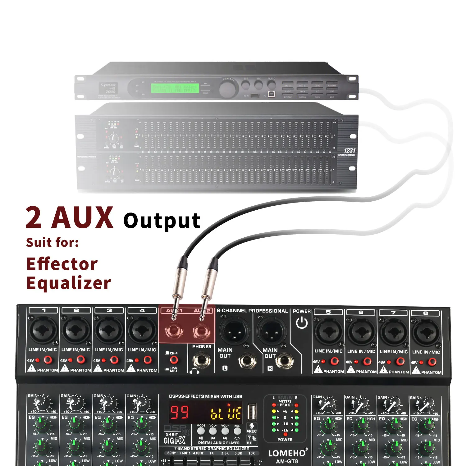 Imagem -04 - Channel Mixing Console Band eq Saída Aux 48v Audio Sound Mixer Usb Bluetooth Play Mix Table Am-gt8 99 Effect Lomeho8