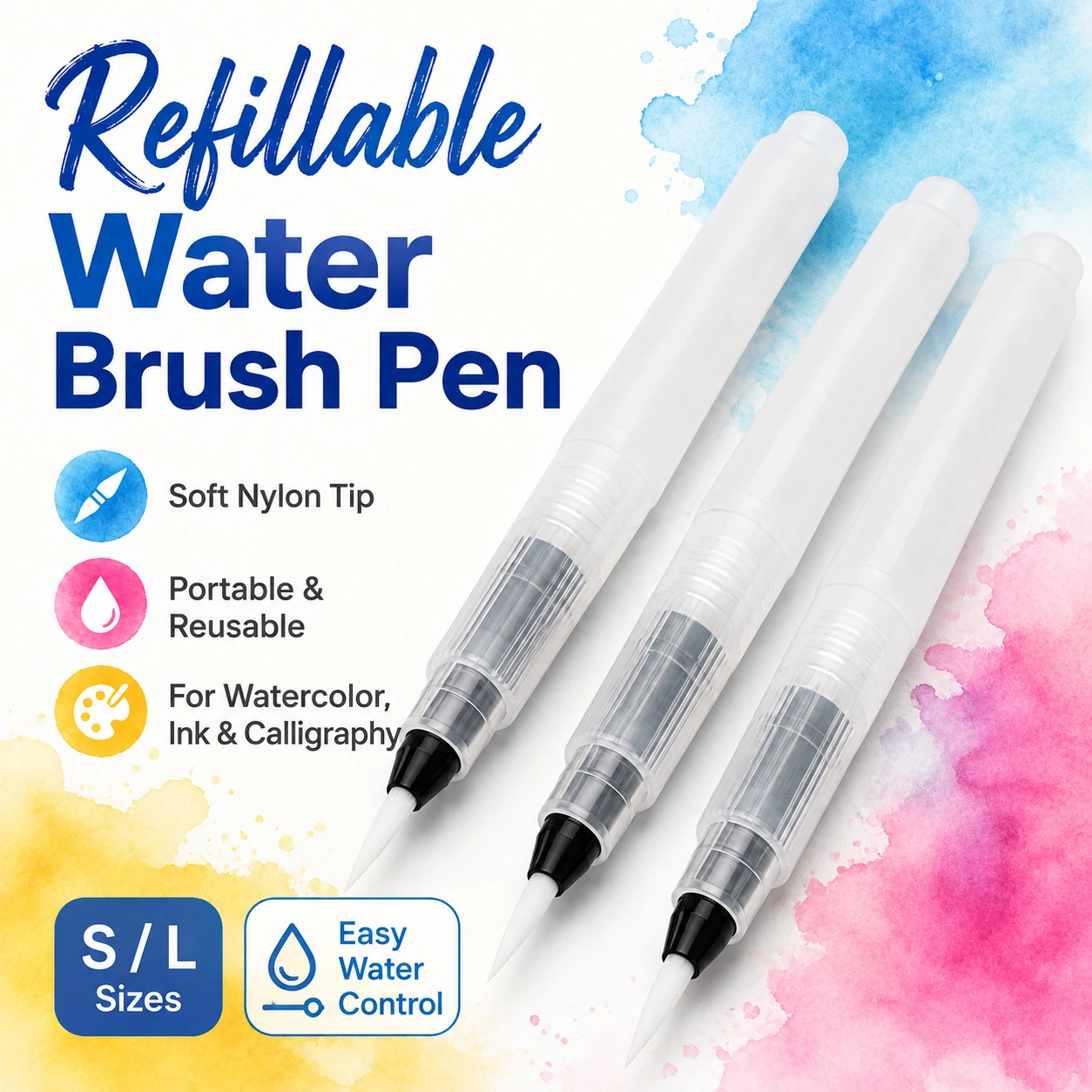3Pcs Refillable Paint Brush Set, Soft Watercolor Brush Ink Pen for Painting, Calligraphy, Drawing & Art Supplies, Water Storage