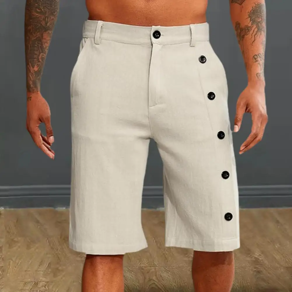 Shorts casuais de perna reta masculina, calção de praia elástico, com zíper de botão fly streetwear, verão