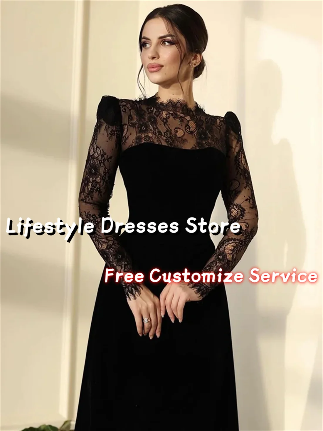 Customized Black Lace Prom Dress High Neck Long Sleeve Party Evening Gown Floor Length Formal Occasion Dresses 2024