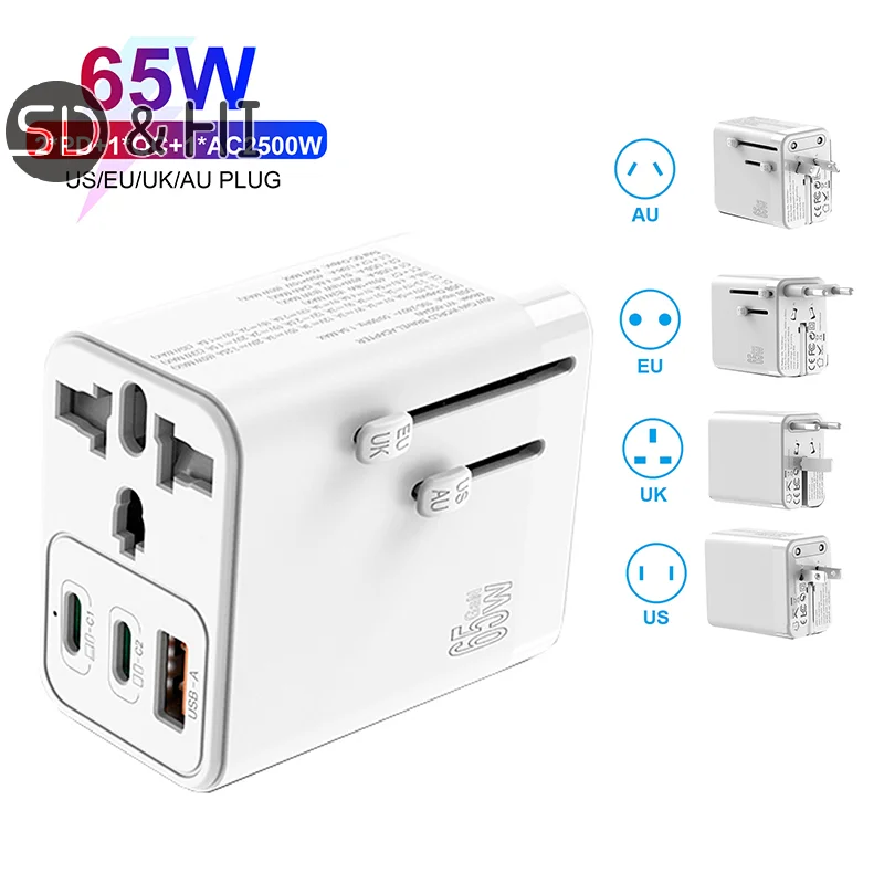 

Universal Travel Adapter 65W GaN Fast Charger with UK EU AU US Plugs 2USB-C PD & USB-A QC Worldwide International Charger