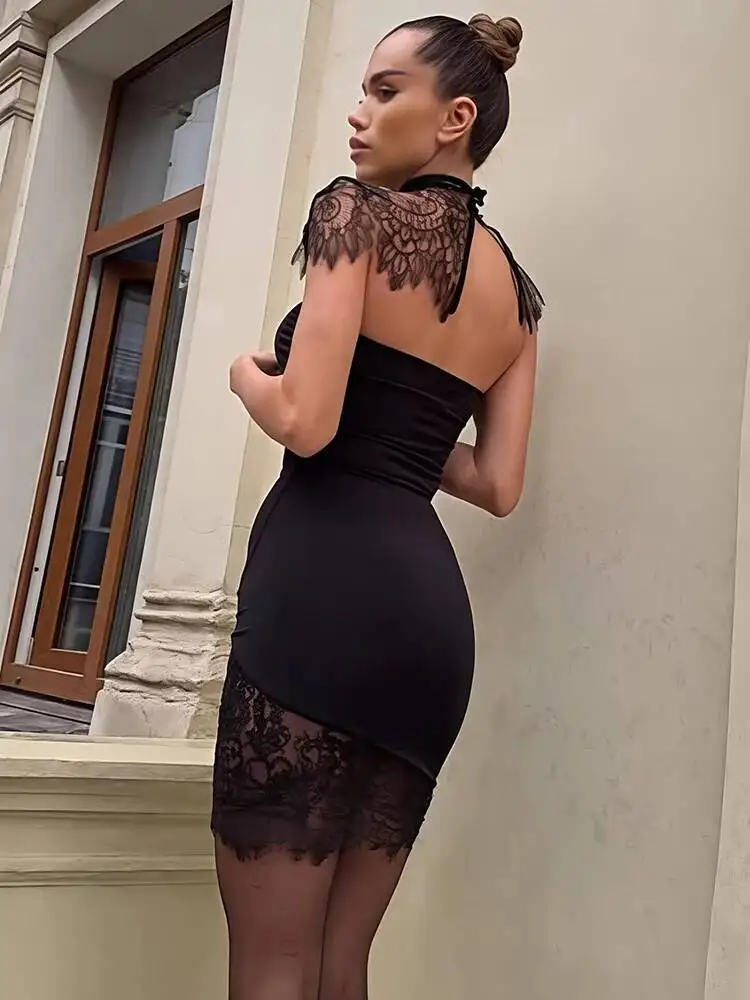 Blifanbo-minivestido Sexy de encaje con espalda descubierta para mujer, vestido transparente con cuello alto, ceñido al cuerpo, sin mangas, vestidos de fiesta para discoteca, elegante