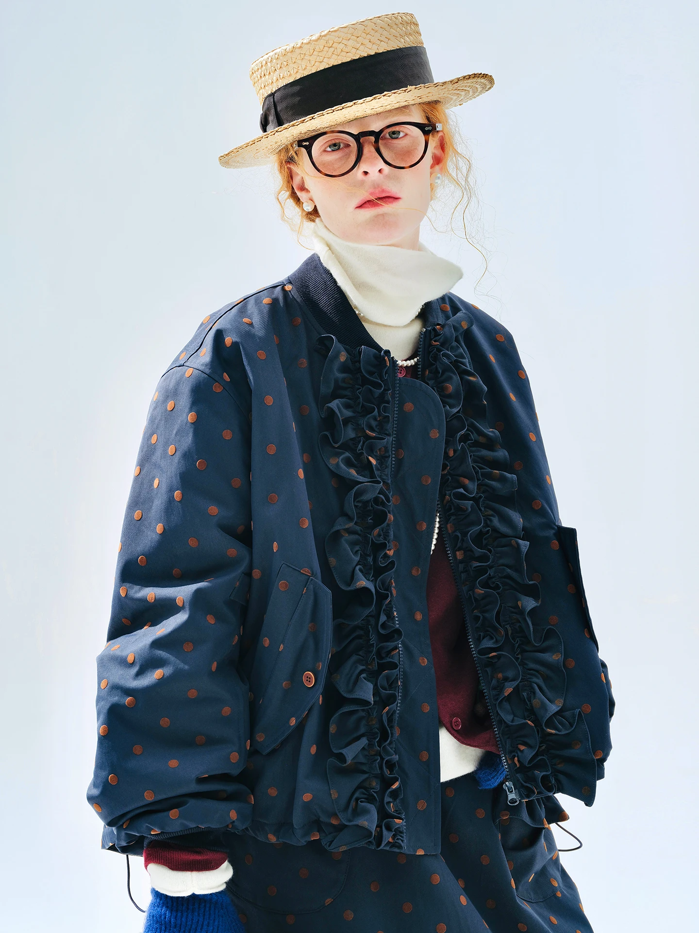 

Синее хлопковое пальто в горошек imakokoni 2025 Winter — теплая универсальная верхняя одежда для поездок на работу и повседневная одежда 255281