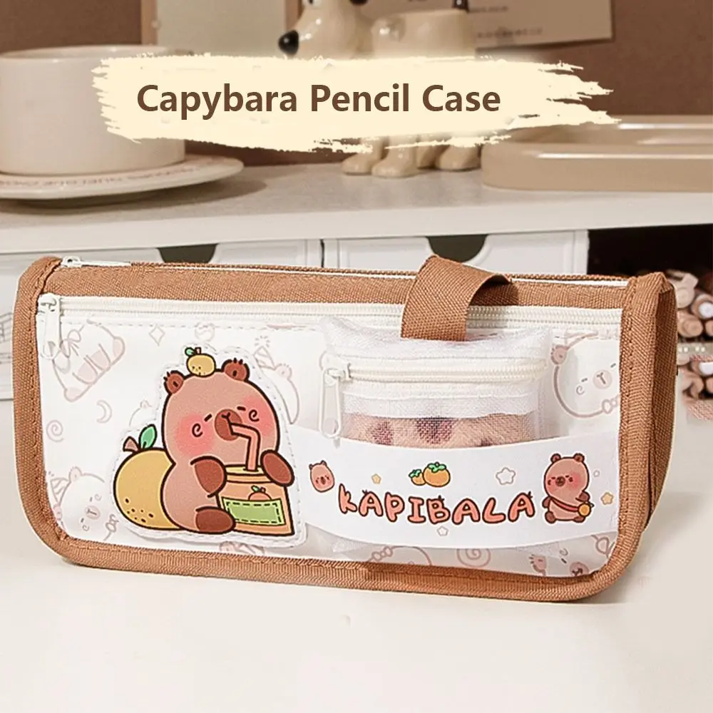 Large-capacity Capybara Pencil Case Canvas Storage Box Capybara Pen Pouch Korean Style Double-deck Cartoon Pen Bag Student Kid