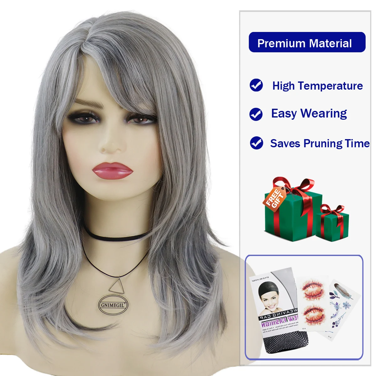 Synthetic Long Wave Wigs Natural Soft Mommy Wig with Bangs Silver Grey Wig for Women Old Lady Fake Hair Cosplay Halloween Party