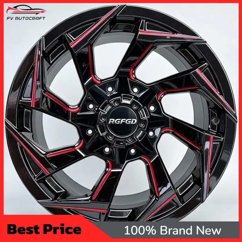 【2026】Monoblock Forged Alloy Wheels 8 Spoke Gloss Black With Red Groove 15-26 Inch Offroad Car Rims Y005
