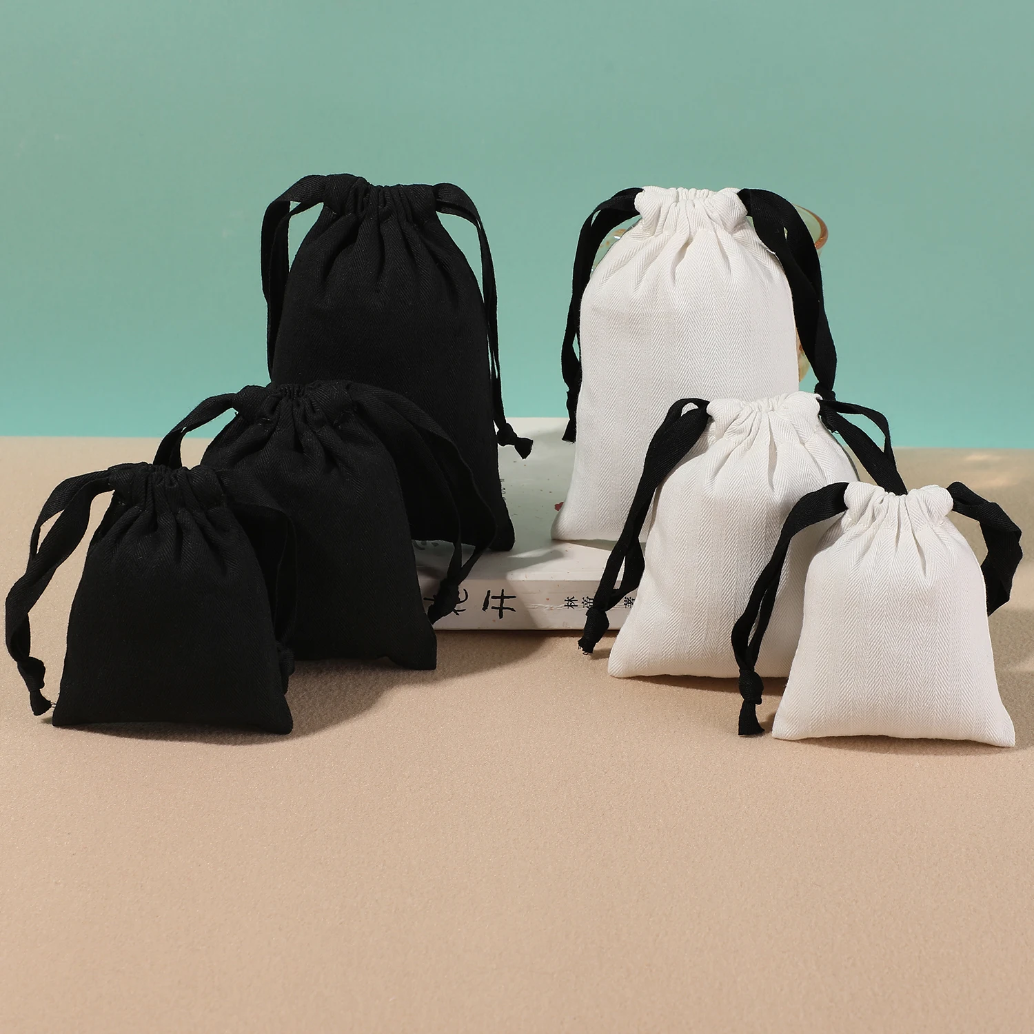 8x10cm 10x12cm 10x15cm 10Pcs/Lot Soft Portable Drawstring Herringbone Pattern Cotton Bags Jewelry Necklaces Bolsa Can Be Printed