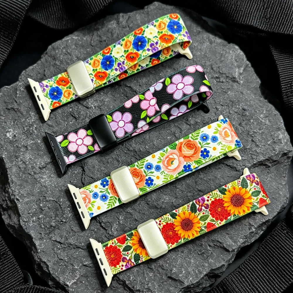For Apple Watch 12 11 10 42mm 46mm 41mm 40mm 45mm 44mm Band Iwatch Ultra 4 49mm Series 9 8 7 6 Se Magnetic Nylon Flower Correa