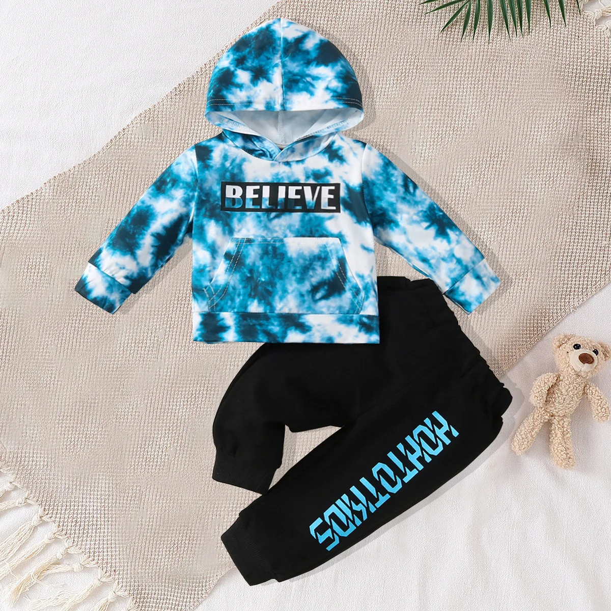 Two piece set of baby boys' letter printed blue tie dye hooded long sleeved sweatshirt and letter printed black long pants set