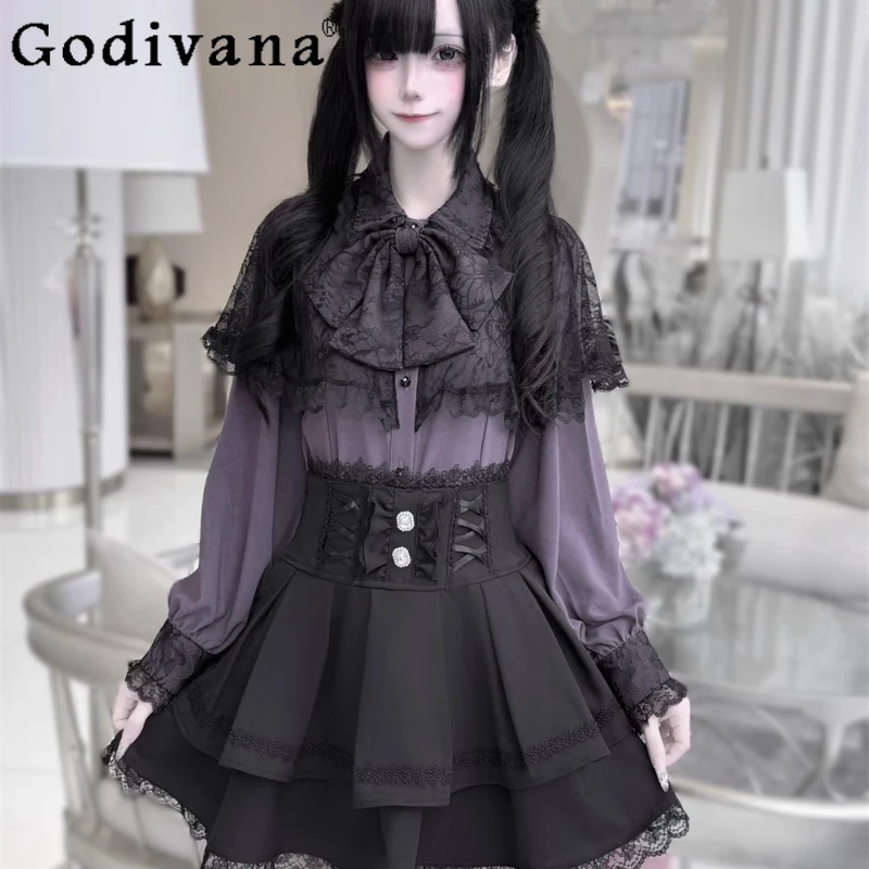 Chemise à manches longues violette pour femmes, produit en série Original Mine, doux gothique, sous-culture, Cape en dentelle, jupes noires pour filles Y2k