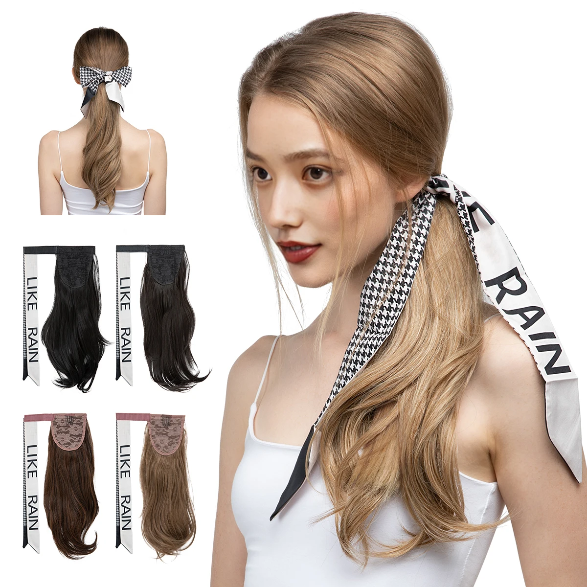 Premium Ondulado Sintético Clip-in Rabo De Cavalo Com Faixa De Cabelo, Extensão Do Cabelo, Hairpiece Falso Marrom, Envolva Em Torno De Pigtail, Cauda De Pônei Suave