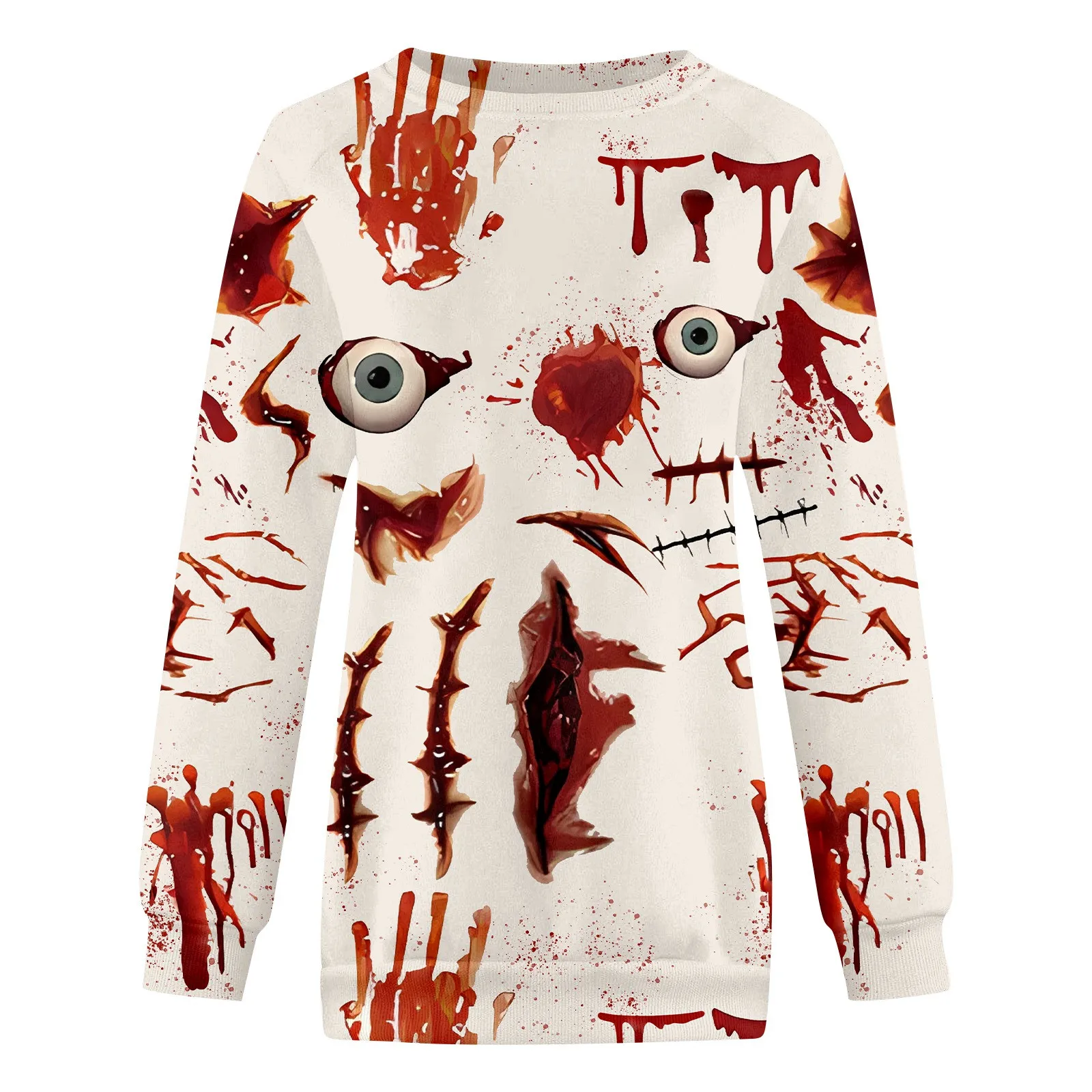 Damska bluza z kapturem z krwawym nadrukiem na Halloween Spersonalizowana moda Wygodna bluza z kapturem Okrągły dekolt Długi rękaw Cienki sweter