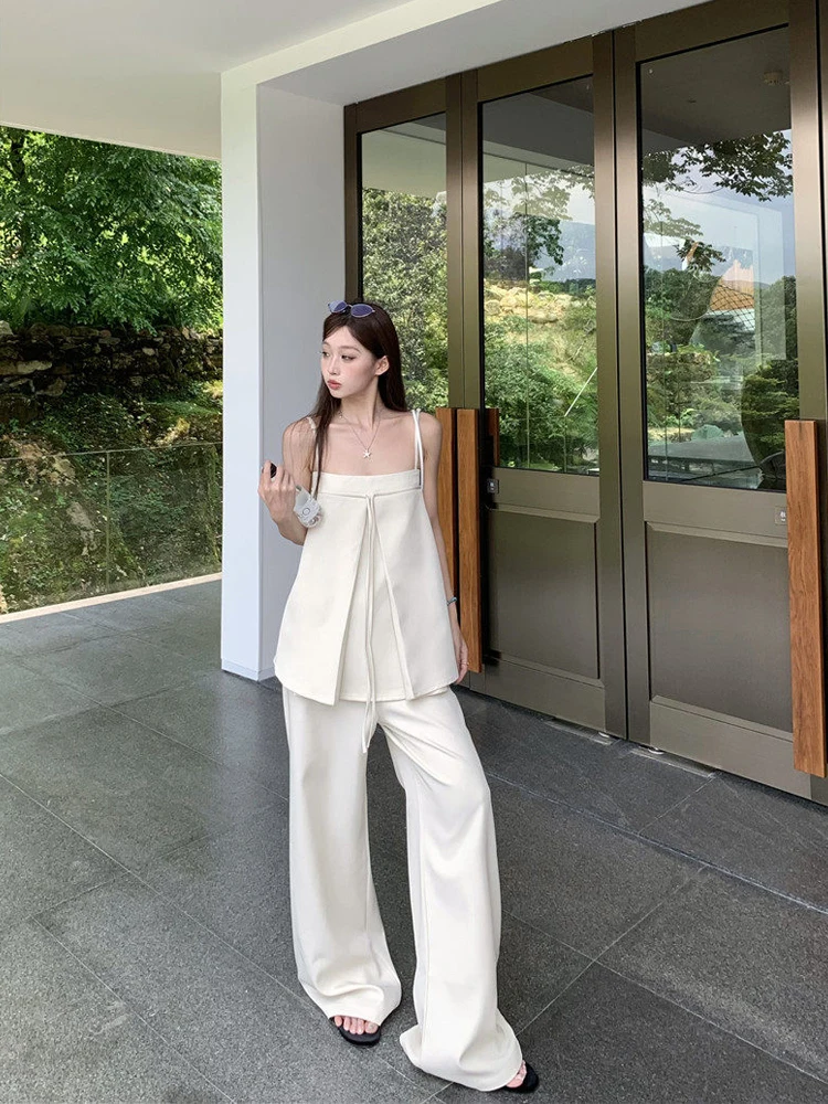 

Летний новый женский модный комплект: топ-бандо на завязках и длинные брюки с высокой талией, повседневный свободный крой, двухцветный комплект из двух предметов