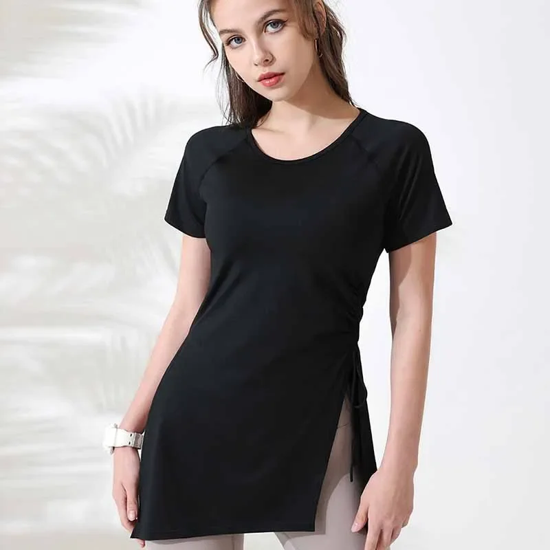 

Women Sports Shirts Short Sleeve Gym Top Sportswear Long Shirts Side Drawstring Split Workout Top Breathable Fitness Yoga Wear