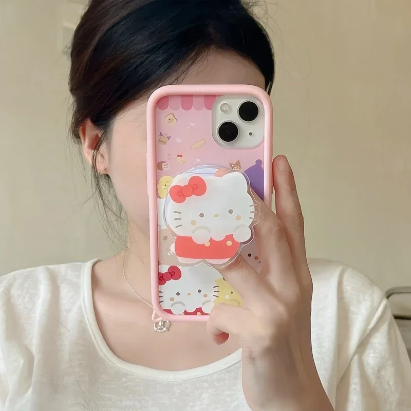 Lucu Sanrio Hello Kitty Melody Kuromi pemegang magnetik Magsafe pengisian nirkabel casing ponsel untuk iPhone 15 14 13 Pro Max penutup lembut