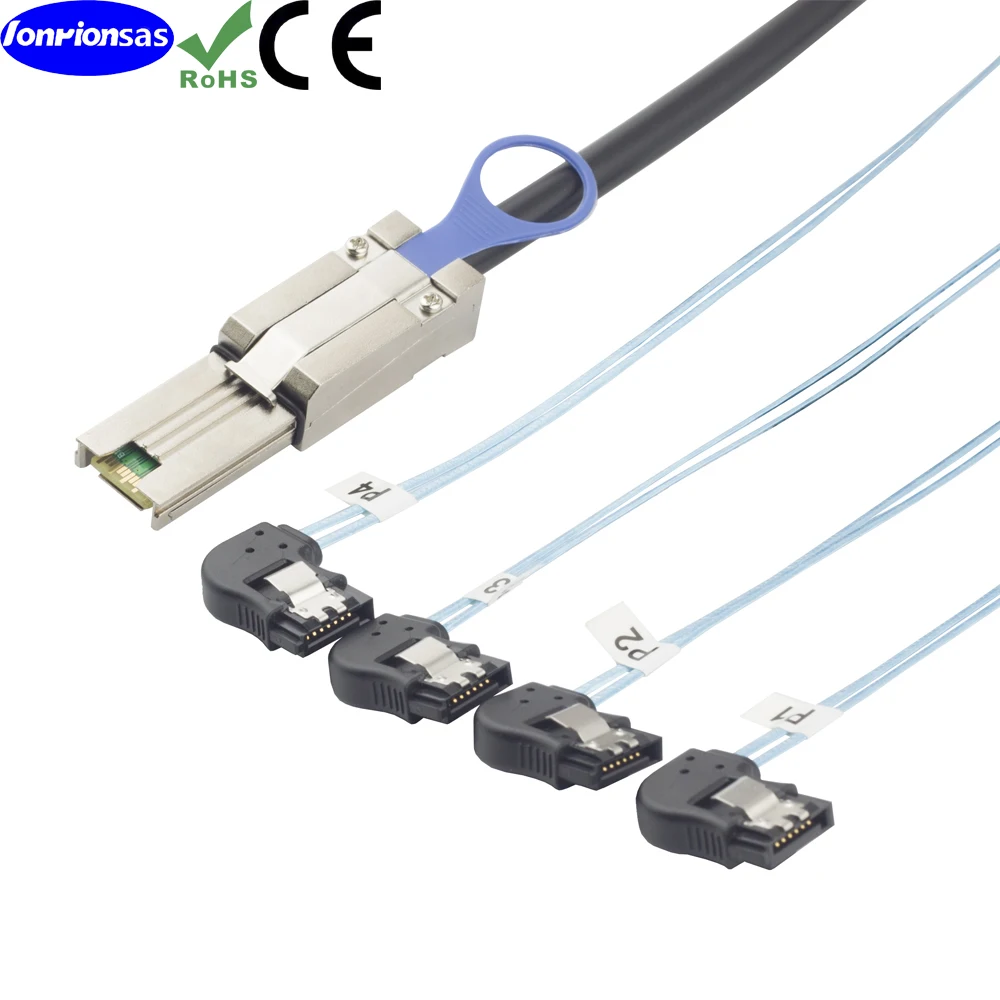 

LONRIONSAS#Mini SAS 26P SFF 8088 to 4 SATA 7Pin Left Angle Female Cable with Latch,Mini SAS Host/Controller to 4 SATA Target