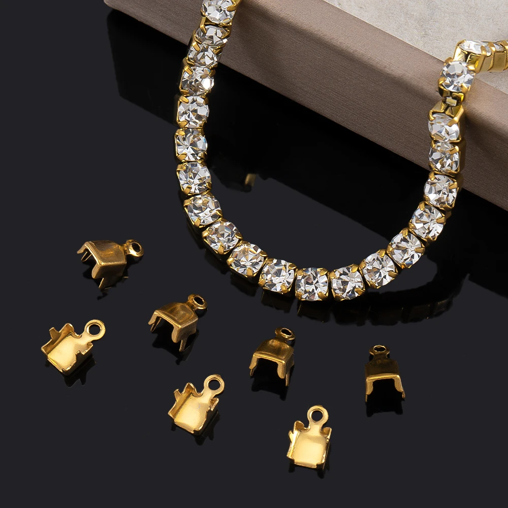 

30pcs/lot Stainless Steel Gold Cup Chain Crimp Connectors End Clasp Tips with Loop for Iced Out Rhinestone Chains Jewelry Making