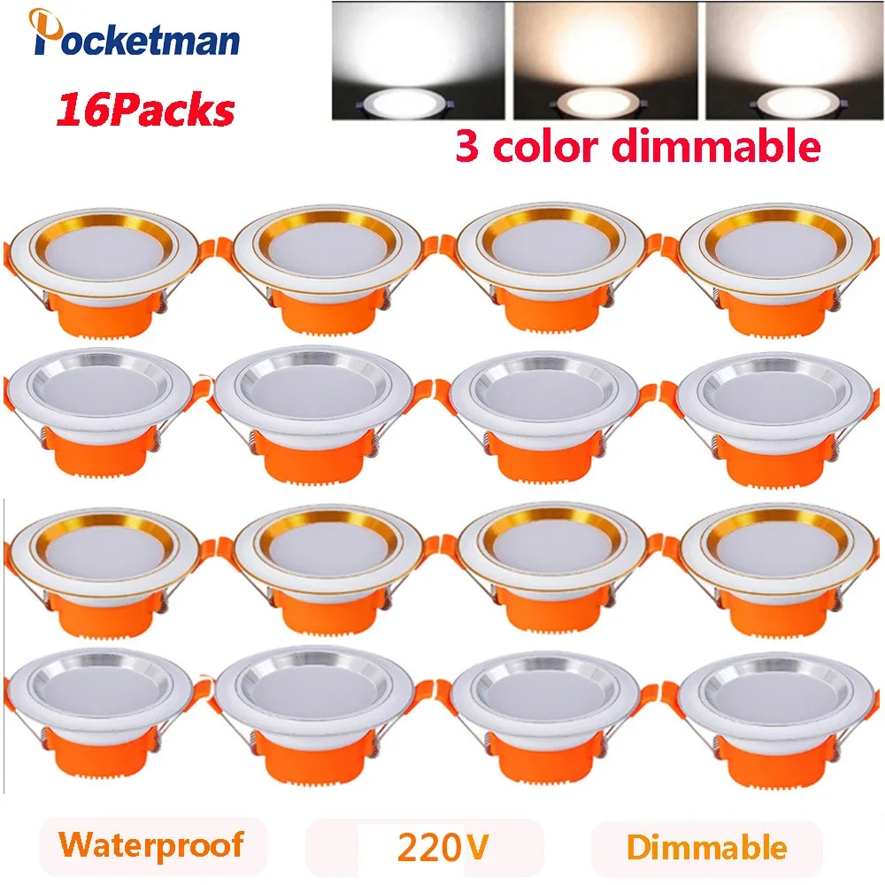 16 PCS/Lots AC 220V 3 Color Dimmable LED Downlight 5W Recessed Ceiling Lamp Recessed Indoor Spot Lamp for Living Room Bar Office