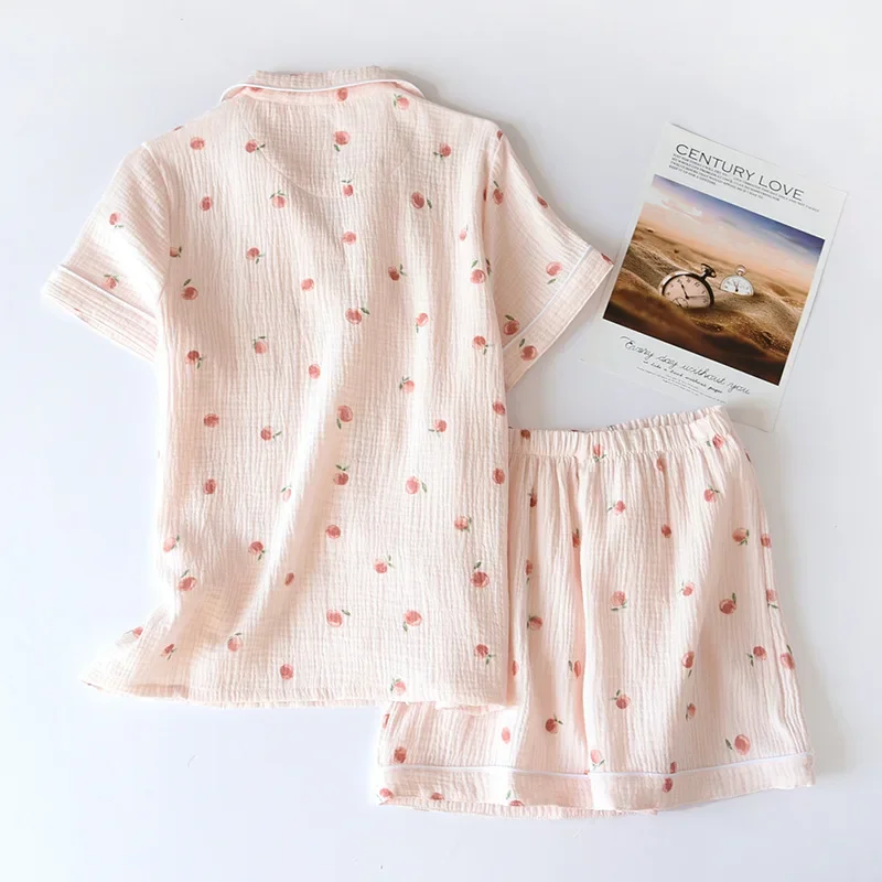 2024 Summer Ladies Short-sleeved Shorts Pajamas Set 100% Cotton Crepe Cloth Thin Home Service Two-piece Spring And Autumn Loose