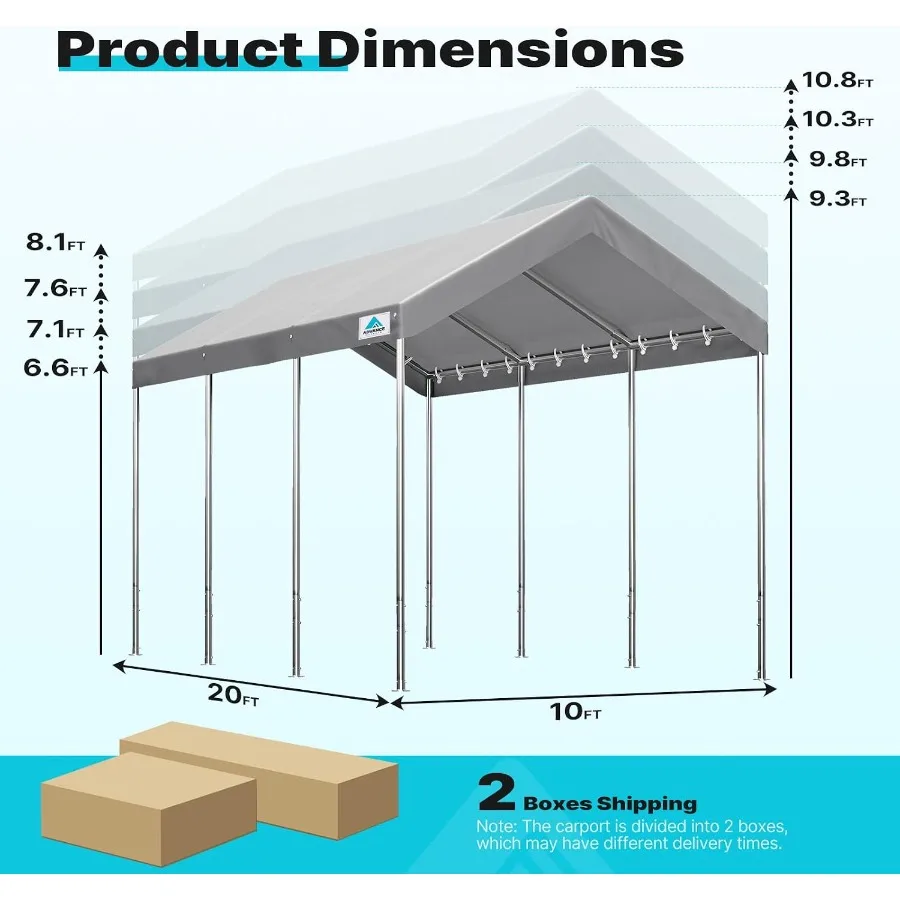 10x20 Feet Heavy Duty Carport Potable Car Canopy Garage Party Tent Boat Shelter, Adjustable Height from 9.5 Feet to 11 Feet