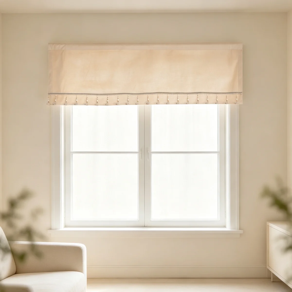 Beige Velvet Window Valance, Simple Solid Curtain Valance with Mini Pearl Tassels for Cream Minimalist Bedroom Window Decor