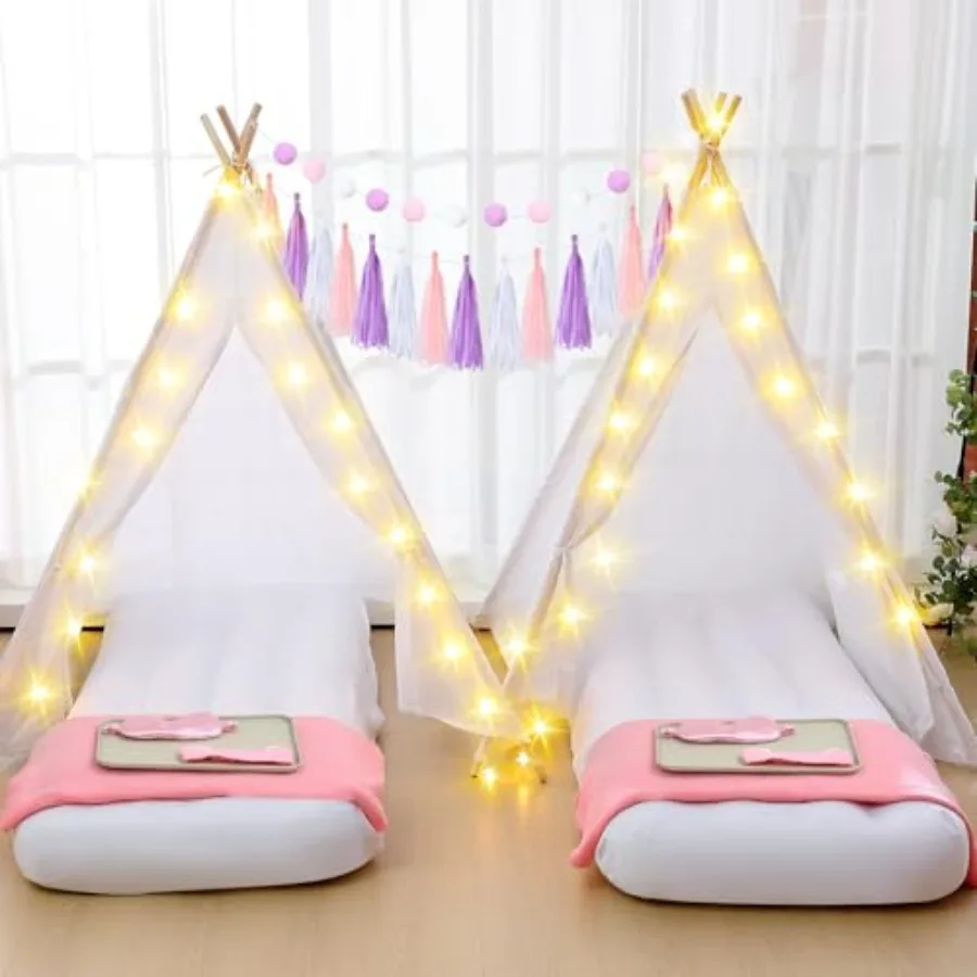 4 sztuki białych namiotów teepee dla dzieci na nocne przyjęcia, namiot na nocleg dla dziewczynek z materacem dmuchanym, pościelą i prześcieradłem z gumką