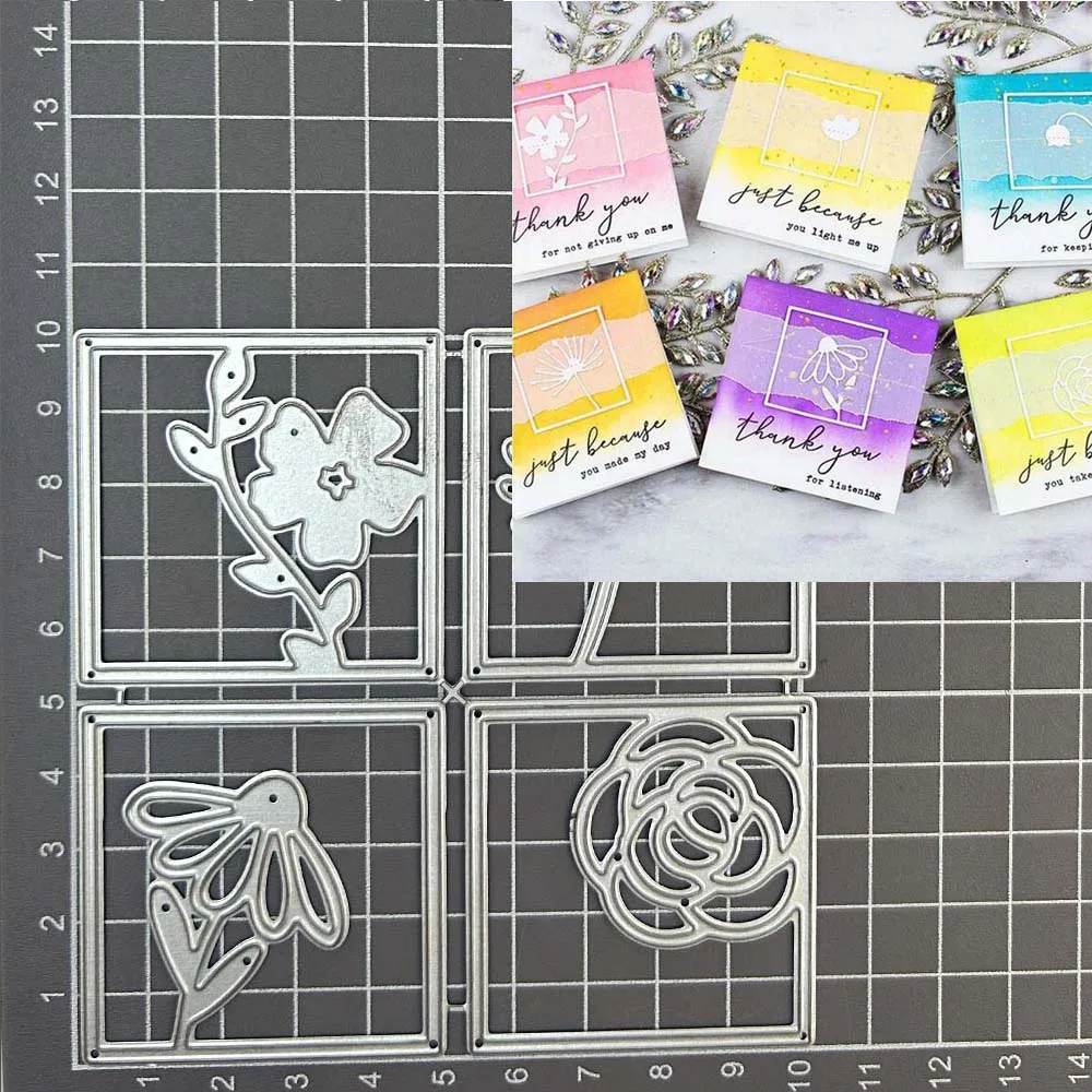 Metall-Stanzformen, Blumen, quadratischer Rahmen, Schablonen, DIY, Scrapbooking, dekorative Prägung, Handarbeit, Stanzform, Schablone