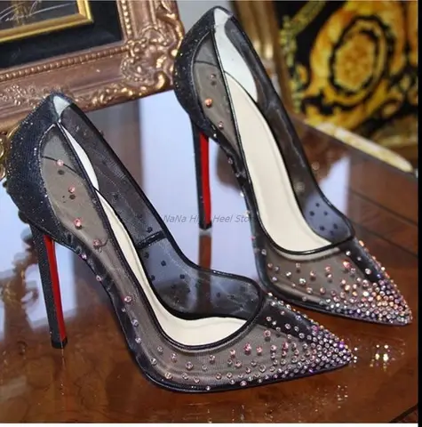 Bling Strass Mesh Spetsig Tå Dam Pumps Skor Stilettklackade Högklackade Slip On Design Stor Storlek Klassisk Stil Modeskor 12 best sales Doris Fanny skor - №5