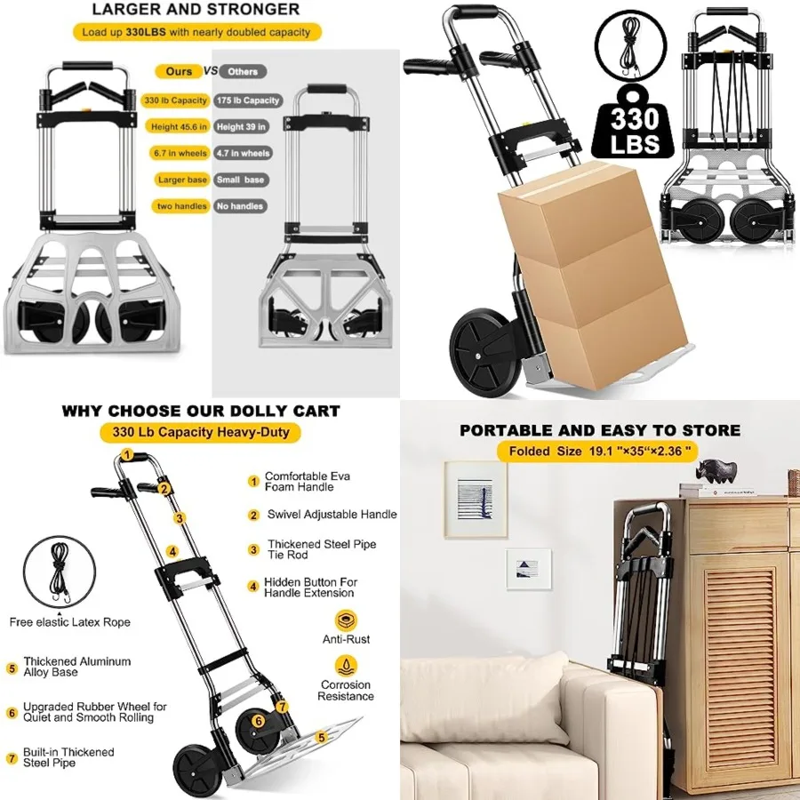 

330 LB Capacity Folding Hand Truck Dolly Cart, Portable Aluminum Dolly Cart with Telescoping Handle and Rubber Wheels for Moving,Shopping,Travel,Office Use.