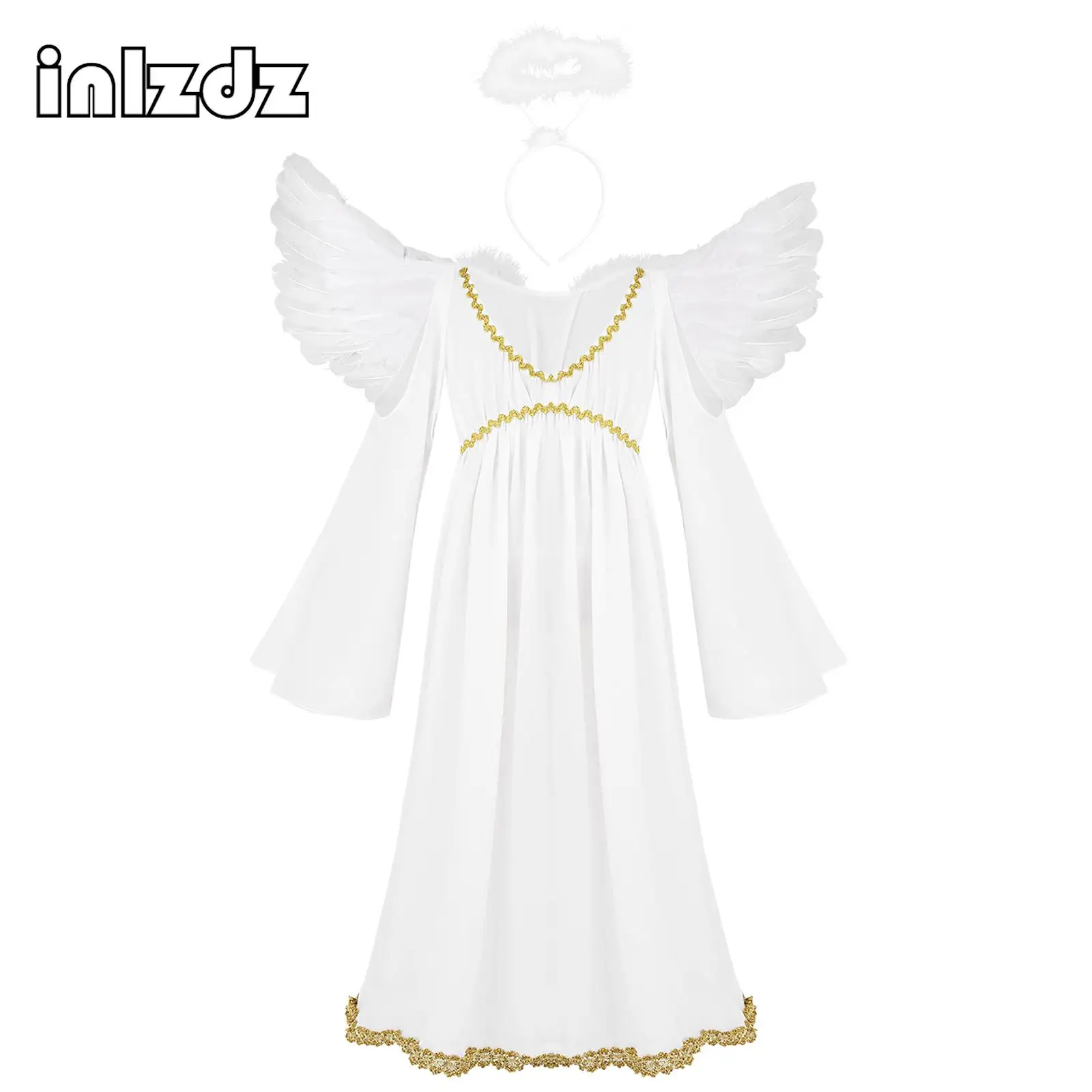 Kids Girl Halloween Angel God Cosplay Costume Long Sleeve Princess Maxi Dress Church Choir Worship Gown Toga with Wings Set