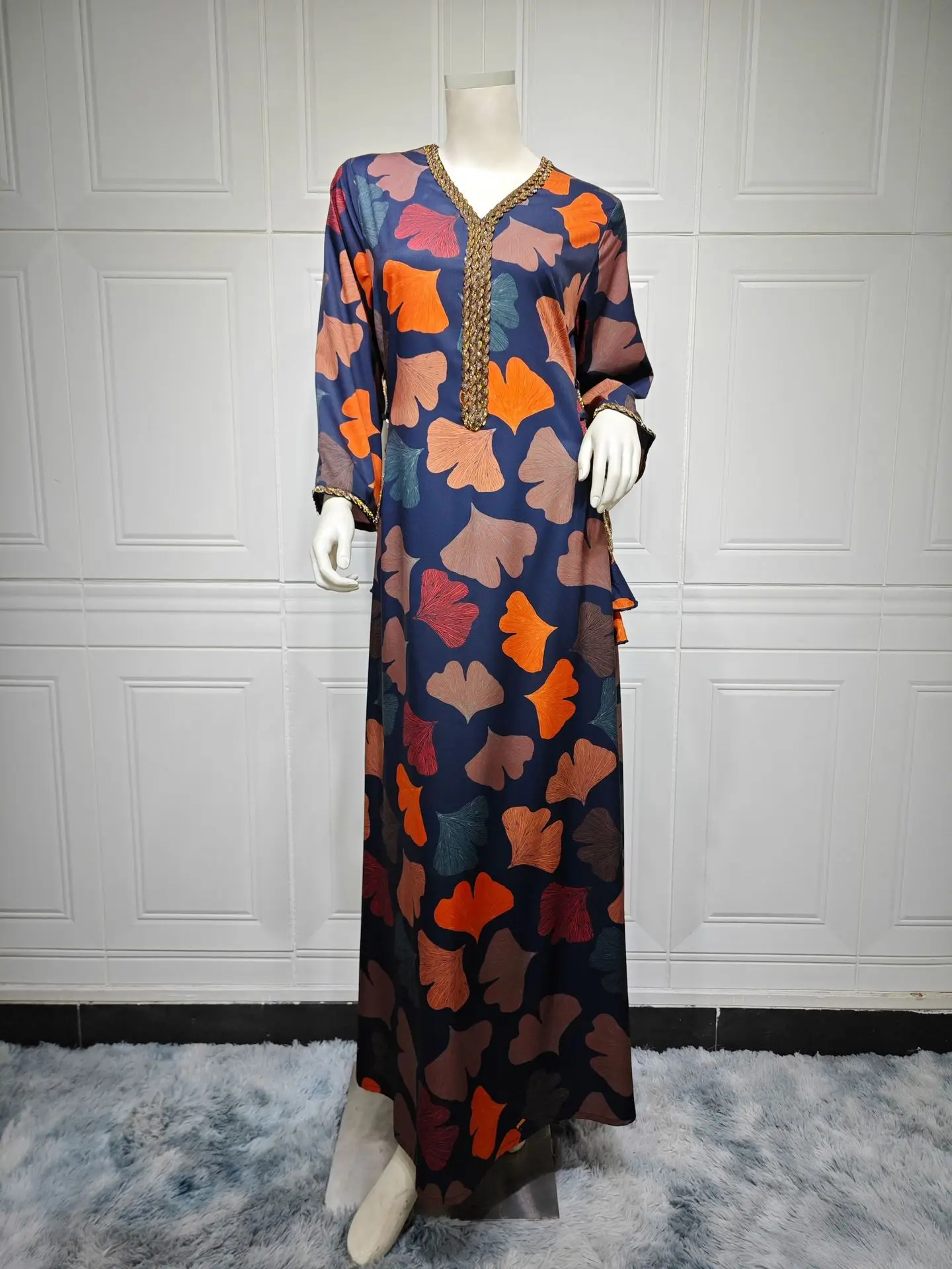 Middle East Printed Dress with Diamond and Waist Cord, Ethnic Style Robe, Islamic Arab Pullover, Muslim Luxury Fashion