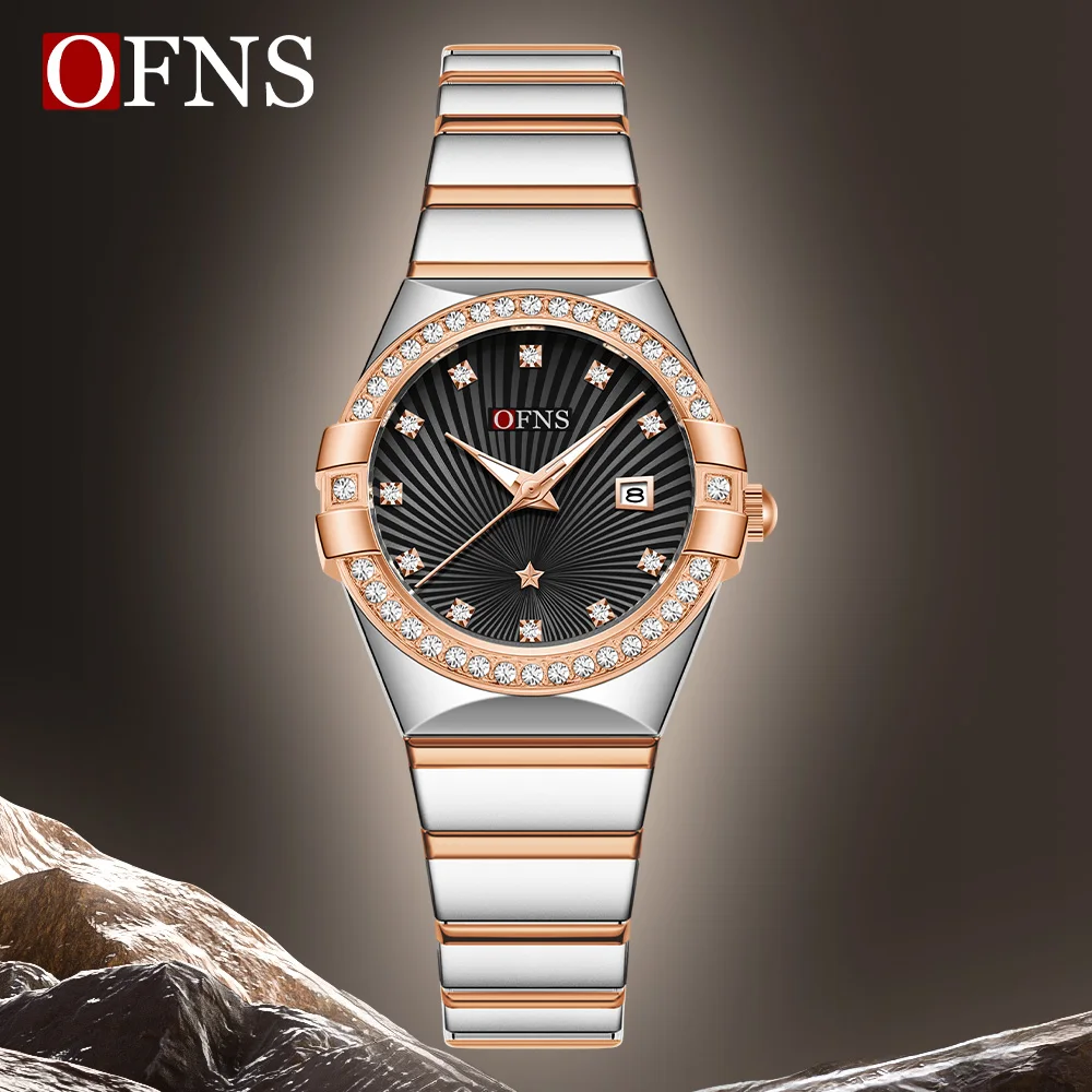 OFNS Новые 1569 модные роскошные женские кварцевые часы водостойкий светящийся календарь деловые женские кварцевые часы с бриллиантами 2025