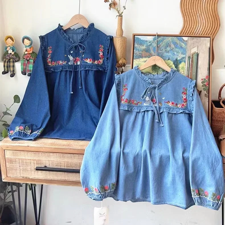 

Japanese Sweet Mori Girl Flower Embroidery Cotton Denim Shirts Women Autumn Bow Collar Long Sleeve Kawaii Cute Blouses Jean Tops